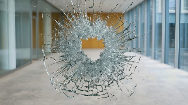 The broken glass window reflects a scene of destruction and potential crime, serving as a stark reminder of workplace hazards and property damage.


