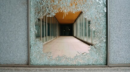 The broken glass window reflects a scene of destruction and potential crime, serving as a stark reminder of workplace hazards and property damage.


