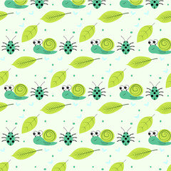 Pattern with leaves, snails, and ladybugs