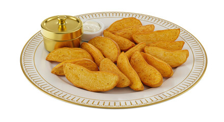 Isolated Golden Trimmed Plate with Potato Wedges and Dip