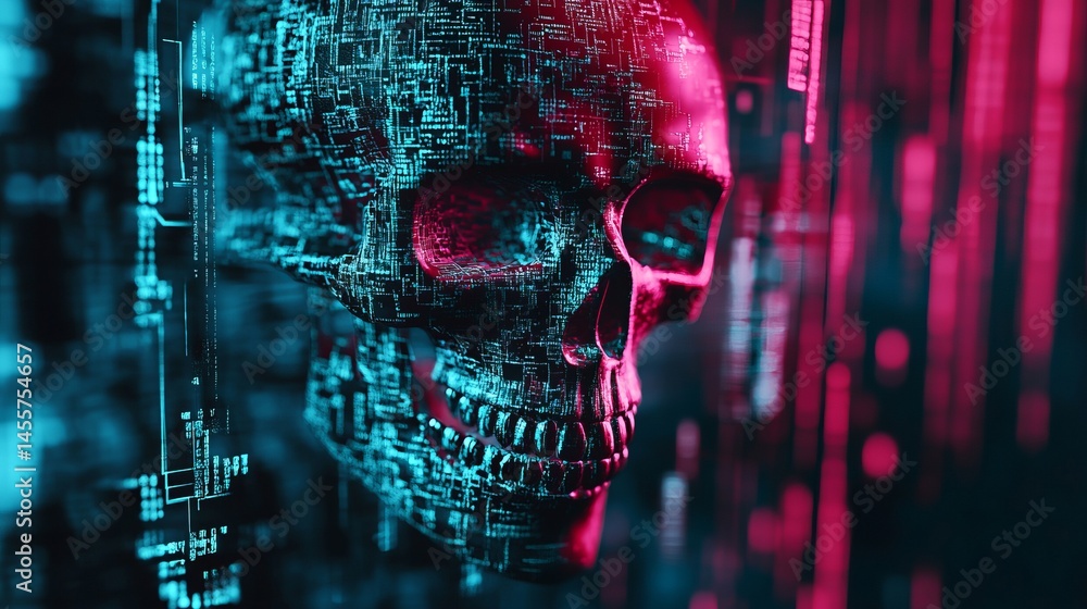 Poster abstract digital glitch effect with skull. hacked laptop computer screen. error signal. virus code a