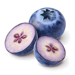 Obraz premium A blueberry sliced in half, revealing its juicy purple interior with glistening pulp and tiny seeds in the center.