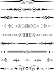 Fototapeta premium A set of 10 decorative line dividers in black and white, arranged in a horizontal layout. Ornamental vintage borders , royal ornament swirls page dividers, vector set.