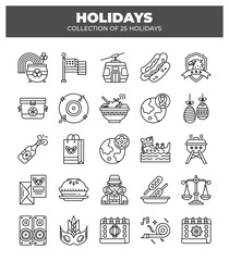 Collection of 25 Holidays. Festive Line Icons for Events and Celebrations