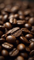 Naklejka premium Dark roasted coffee beans close-up, rich aroma , robusta, macro, roasted coffee
