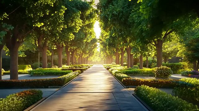 Serene tree-lined pathway in a vibrant park setting