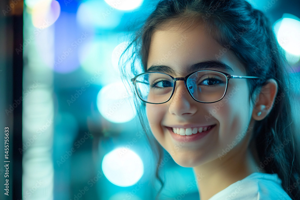 Poster smiling young scientist in glasses conducting research in a high tech laboratory generative ai
