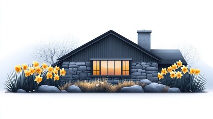 Serene Cottage Landscape: A tranquil illustration of a modern cottage nestled amongst daffodils and rocks, showcasing a serene atmosphere.