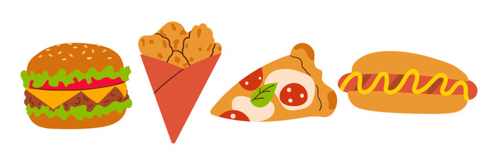 Fast food set. French fries, hamburger, hot dog, popcorn, shawarma, chips, pizza, donut etc. Vector illustration of takeaway street food. Hand drawn illustration flat doodle style for menu ,banner