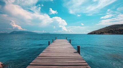 Obraz premium A wooden dock stretches out into a turquoise ocean, with lush green mountains in the distance. The sky is a bright blue with fluffy white clouds.