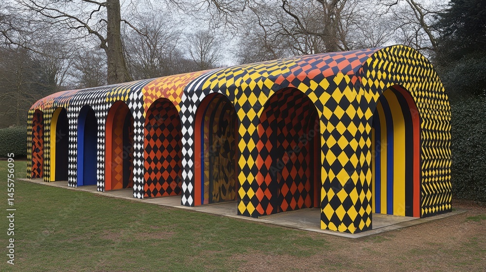 Poster vibrant arboretum structure a colorful outdoor exhibit with creative patterns and unique architectur