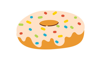 Sweet whole donut, doughnut ring with white icing and candy sprinkles vector illustration