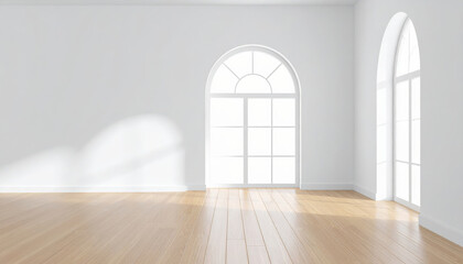 bright and airy empty room featuring large arched windows that allow natural light to flood in, highlighting warm wooden floor. minimalist design creates serene atmosphere