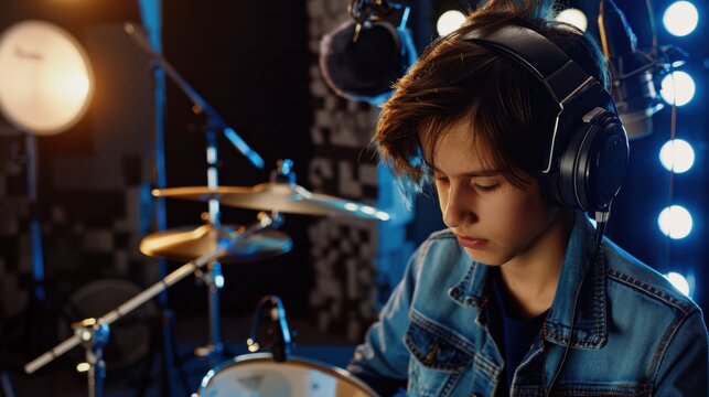 Young Musician Sitting at Drum Set in Studio with Stage Lights