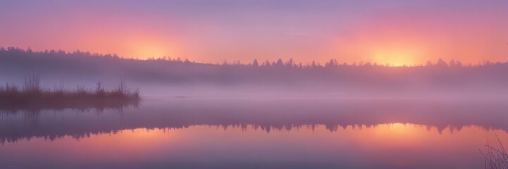 Fototapeta premium Vibrant rainbow fog drifts across still lake at dawn , fantasy, peaceful
