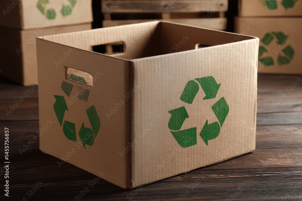Poster Craft Paper Box With Green Recycling Symbols Placed Prominently in a Storage Area Showcasing Eco-Friendly Practices Throughout the Space Generative AI
