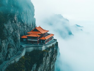 Ancient Temple Perched Atop a Cliffside in a Misty Mountainous Landscape in China Asia