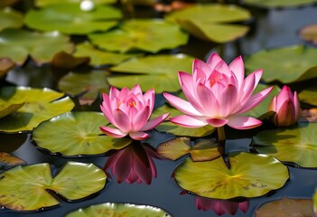 Pink lotus flower blossoms on lily pads in serene pond,  photography, sunlight