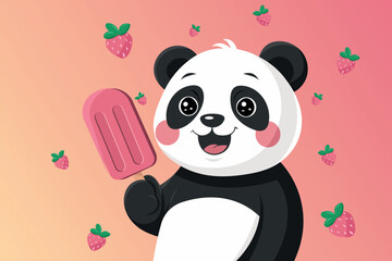 Cartoon panda with strawberry popsicle and flying strawberries on pink background. Cute vector illustration perfect for children’s products, cards, or summer themes.