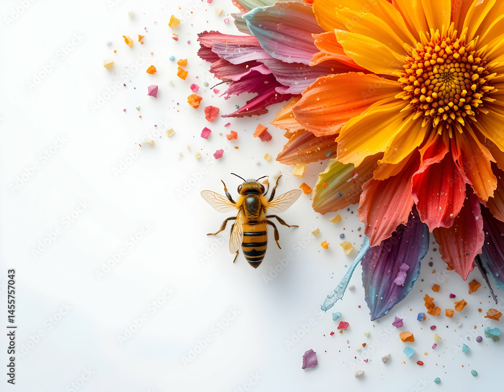Poster bee next to a colorful flower with abstract elements on white background