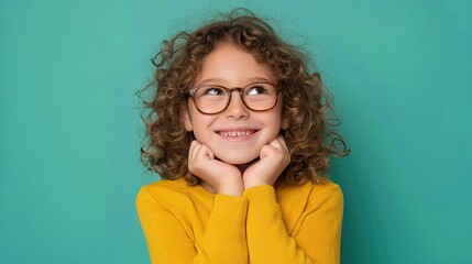 Fototapeta premium Adorable child with glasses and curly hair laughs freely, spreading happiness and youthful energy. 
