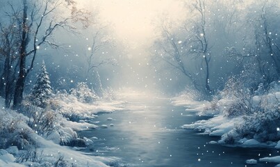 serene depiction of a frozen waterfall surrounded by ice-covered rocks and frosted pine trees, Generative AI