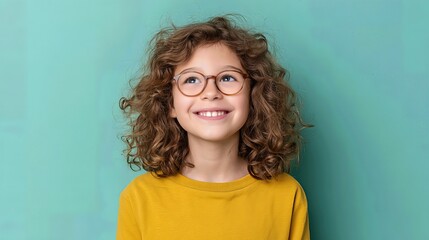 Obraz premium Adorable child with glasses and curly hair laughs freely, spreading happiness and youthful energy. 