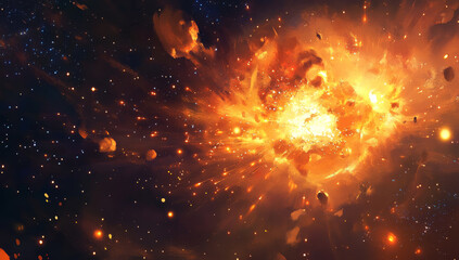 stunning depiction of explosion in space, showcasing vibrant orange and yellow hues against dark cosmic backdrop filled with stars and debris. scene evokes sense of awe and wonder