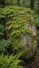 Ancient moss-covered stone slab in wild mountain ferns , vegetation, mountainside