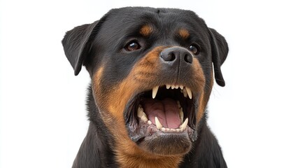 Close-up of an aggressive Rottweiler shows strength and intensity, highlighting its muscular build.


