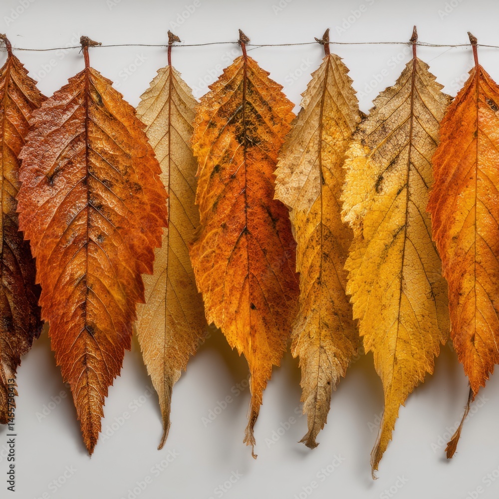 Poster autumnal leaf display with vibrant colors and delicate textures on a clean white background