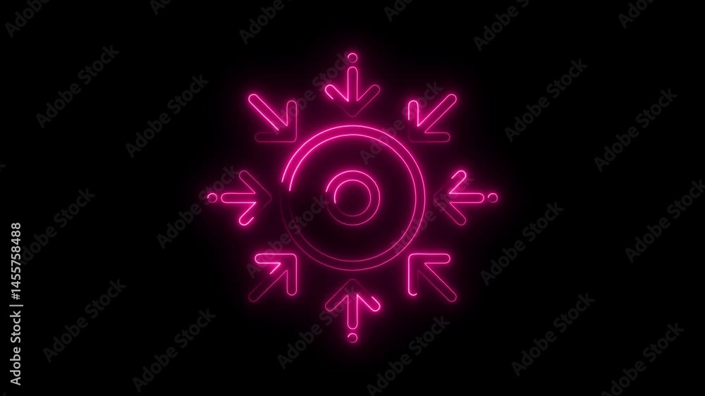 Poster neon arrows pointing inward to center target on black background animation