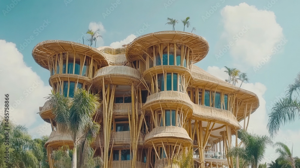 Poster exotic treehouse resort architecture with tropical sky backdrop featuring eco friendly design and su