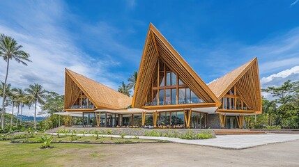 Obraz premium Tropical beach resort stunning architecture unique design luxury vacation travel destination exotic holiday summer getaway clear sky