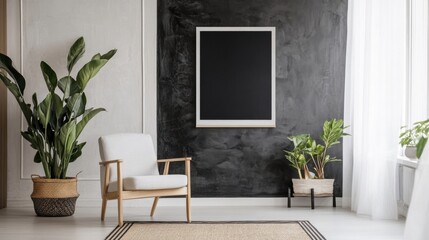 Bright room with armchair and black wall art