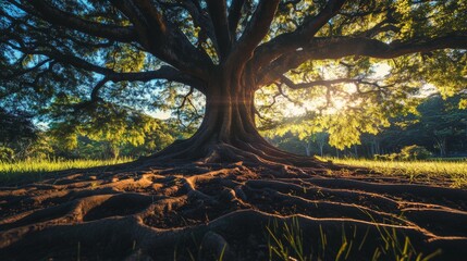 Old tree with roots reaching out, sunlight shining through leaves.