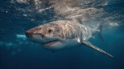 Fototapeta premium Majestic Great White Shark Swimming Gracefully Under Water Surface