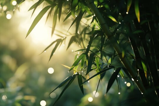 close-up of lush green bamboo forest with sunbeams through leaves - Powered by Adobe