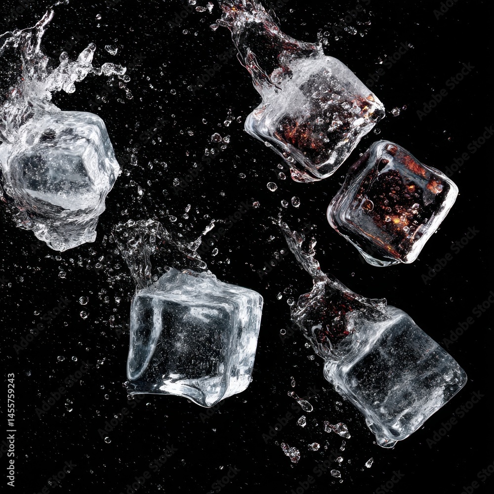 Poster chilling ice cubes suspended in time with splashing water on a dark backdrop for refreshment