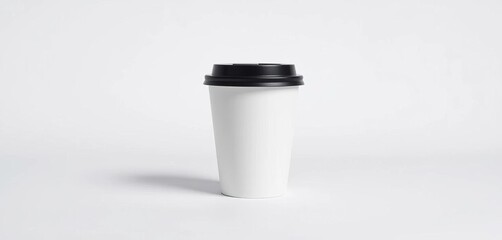 Clean white paper coffee cup with black lid, isolated on white, black lid, recyclable