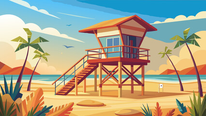 Fototapeta premium An empty lifeguard tower stands crooked in the sand