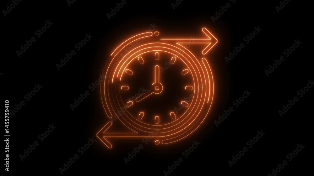 Poster neon clock with rotating arrows on black background concept of time flow