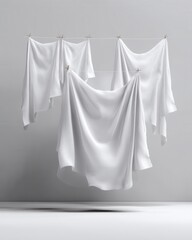 Clean white cloths hanging on a clothesline with wooden clothespins in a bright studio setting for design