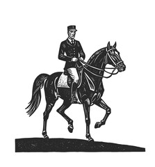 man riding horse engraving illustration vintage style. wood cut vector illustration