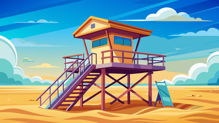 Fototapeta premium An empty lifeguard tower stands crooked in the sand