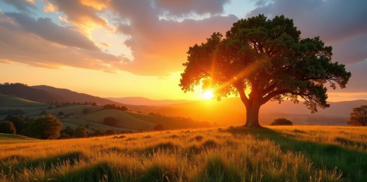 Golden sunrise illuminates ancient California Valley Oak in Paso Robles vineyard , California wine country, nature photography, Valley Oak