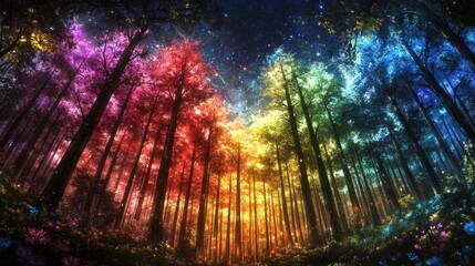 Fototapeta premium Mystical rainbow forest at night glowing trees digital art fantasy nature illustration