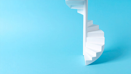 modern white spiral staircase stands against vibrant blue background, showcasing its elegant design and smooth curves. This artistic representation evokes sense of creativity and innovation