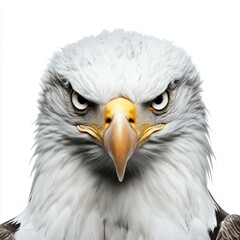 Intense Close Up Portrait of a Bald Eagle Against White Background