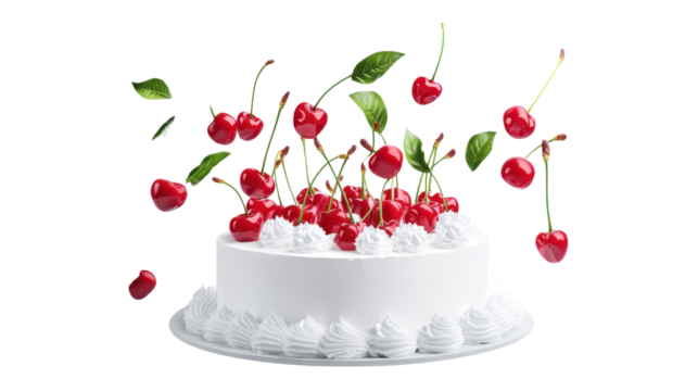 Round White Cake Topped With Whipped Cream And Cherries On Transparent Background